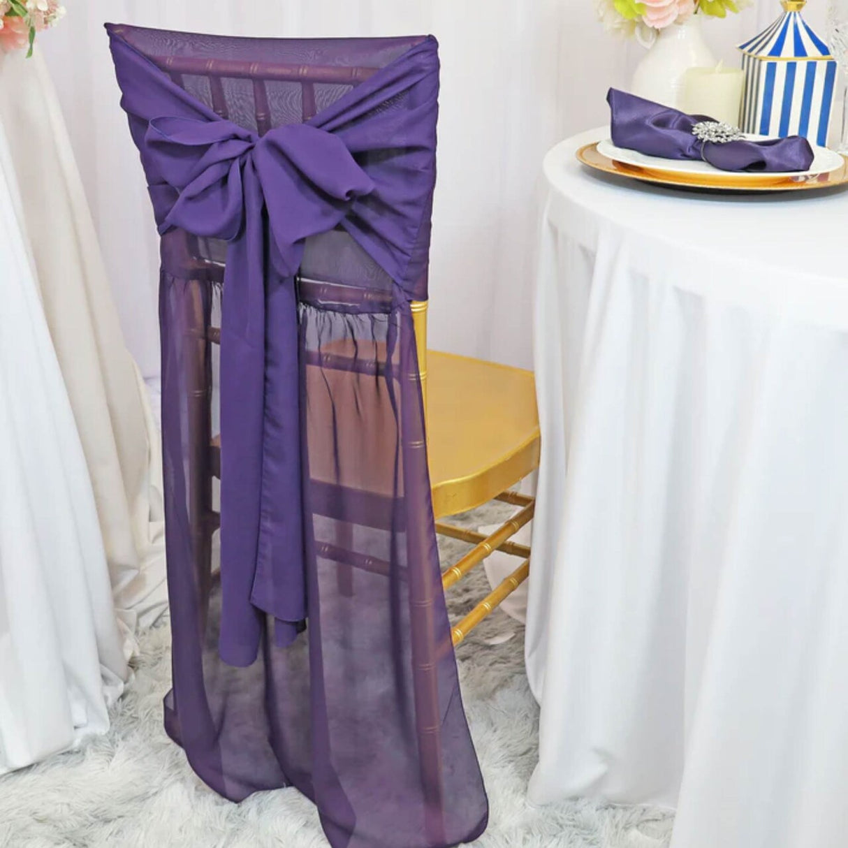 1 Piece Eggplant Sheer Chiffon Chair Back Scarf for Chiavari Flowy Elegance with Sash