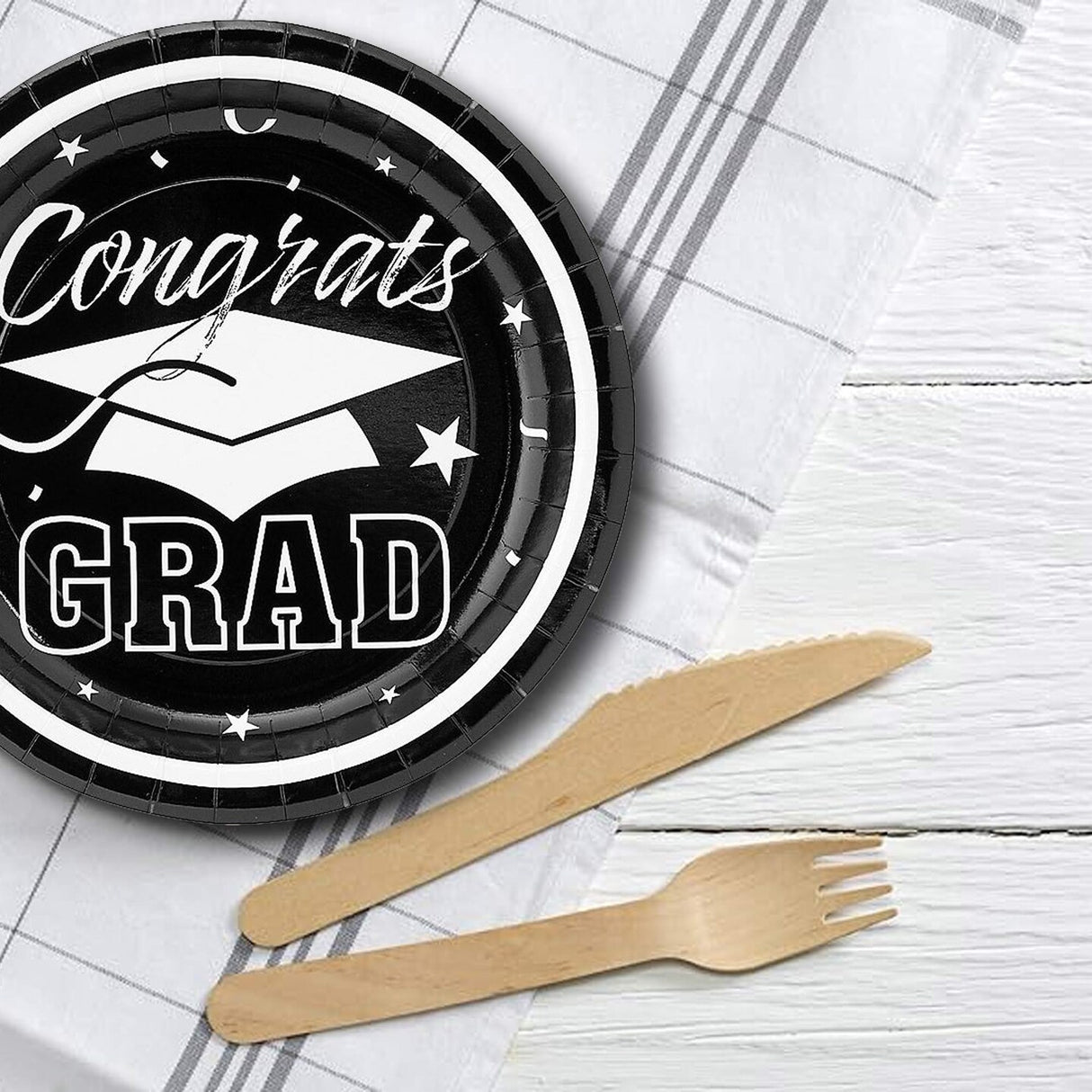 25 Count Black Congrats Grad Solid Color Paper Dessert Plates Disposable Graduation Supplies 7 1/4"