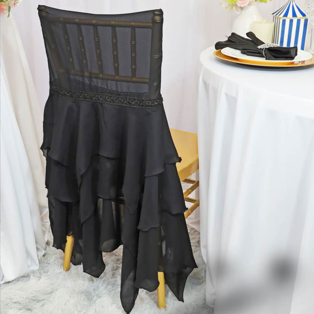 1 Piece Elegant Black Chiffon Chiavari Chair Cover with Sash Sheer Draped Accent
