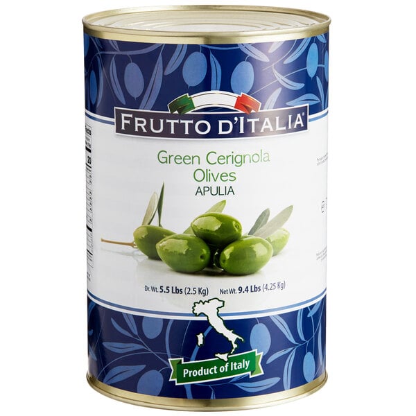 Frutto d'Italia 70/90 Count Green Cerignola Olives 9.4 lb. (5.5 lb. Dr. Wt.) Can - 2/Case