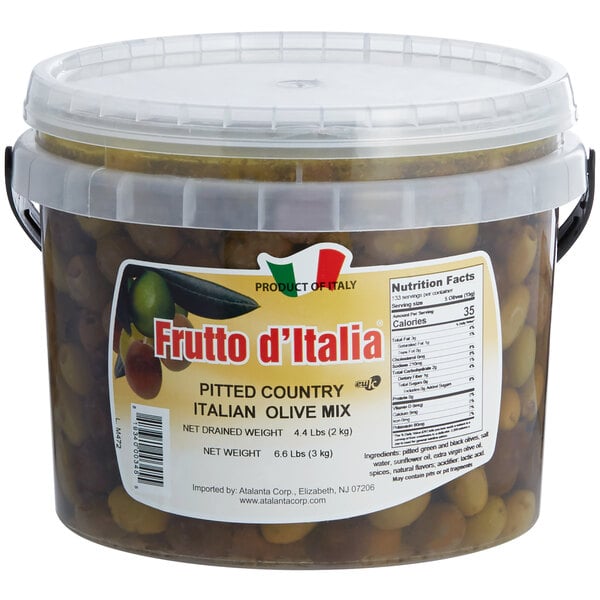 Frutto d'Italia 215/225 Count Pitted Country Italian Olive Mix 6.6 lb. (4.4 lb. Dr. Wt.) Pail - 2/Case