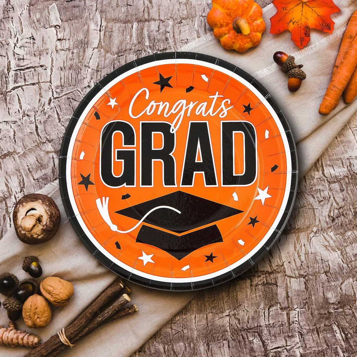 25 Count Graduation Party Plates Orange Round 9 Inch Paper Congrats Grad Table Setting