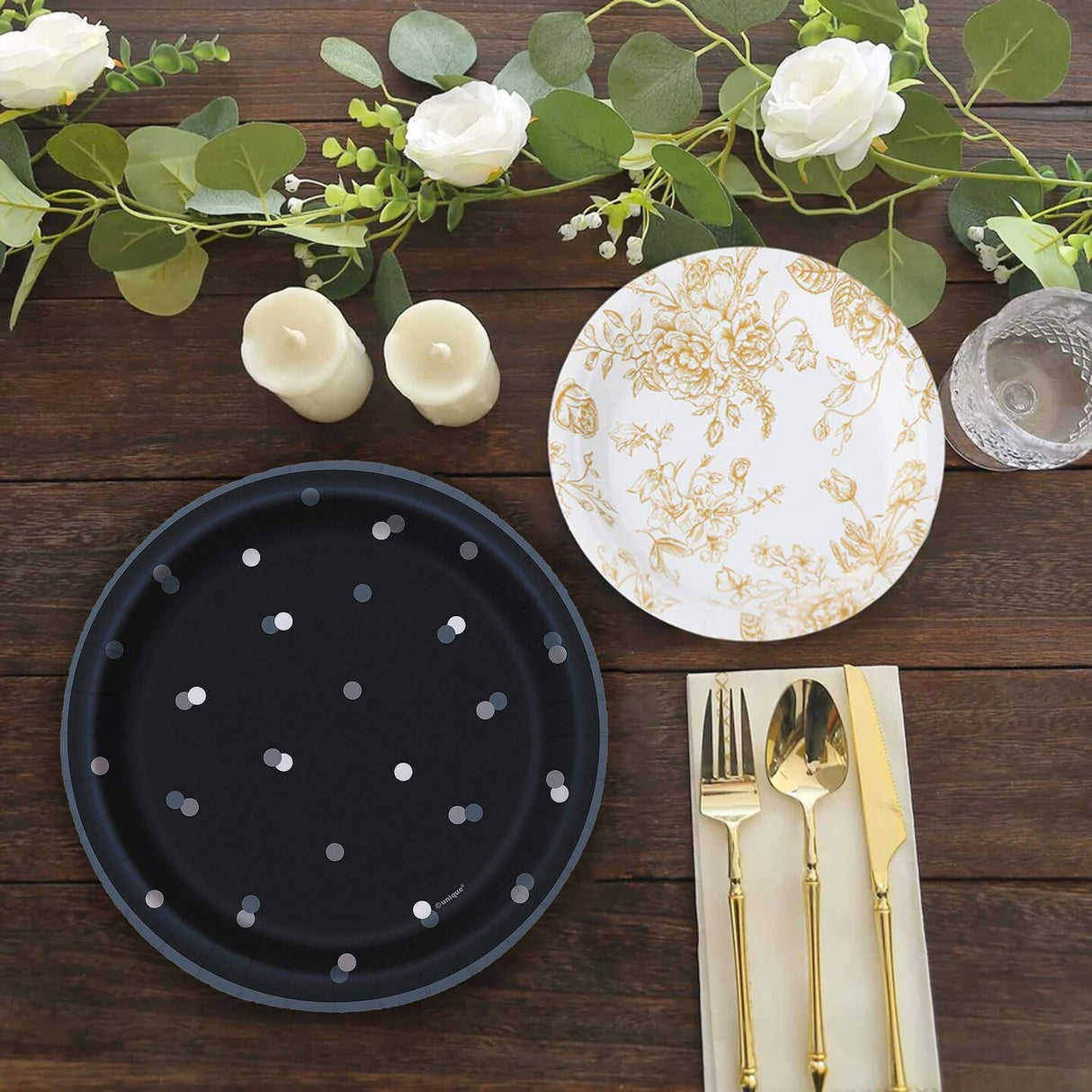 8 Count Glitz Party Disposable Black Dessert Plates with Silver Dots 6 3/4 Inch Elegant Party Supplies