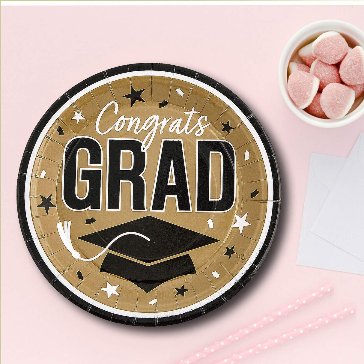 25 Count Gold Congrats Grad 9 Inch Paper Plates Round Supplies for Graduation Events