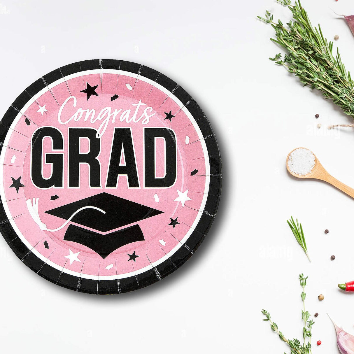 25 Count Pink Congrats Grad Round Paper Plates 9 Inch for Stylish Graduation Parties