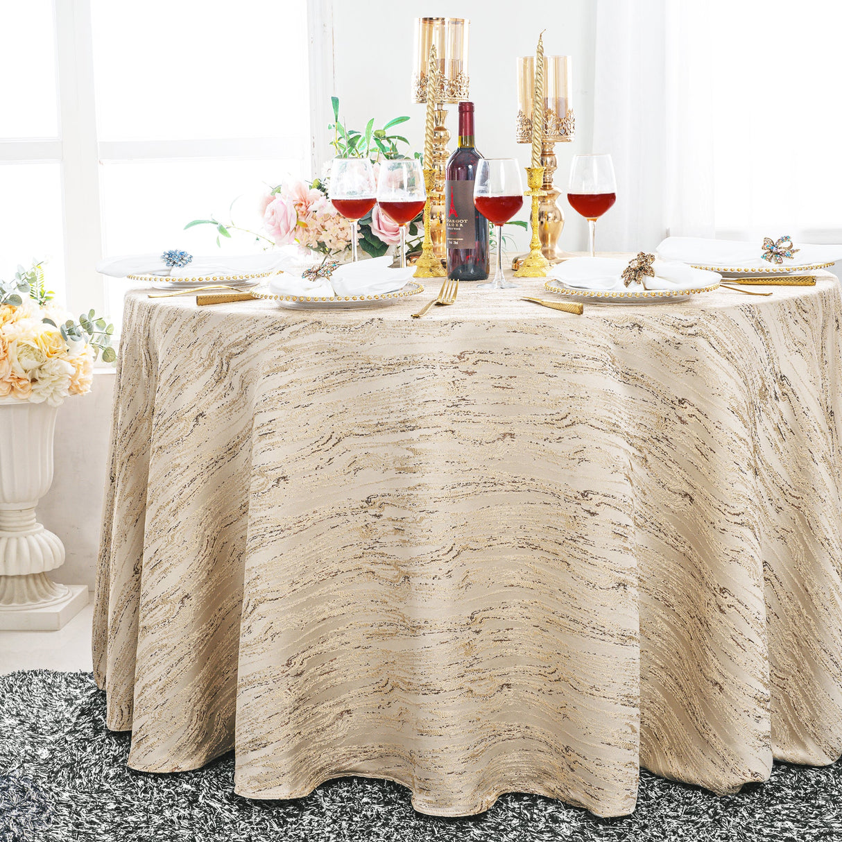 Round Polyester Tablecloth 120" Seamless Galilean Jacquard Champagne