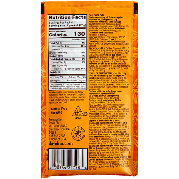 David Rio Tiger Spice Chai® Tea Latte Single Serve Packets - 48/Case