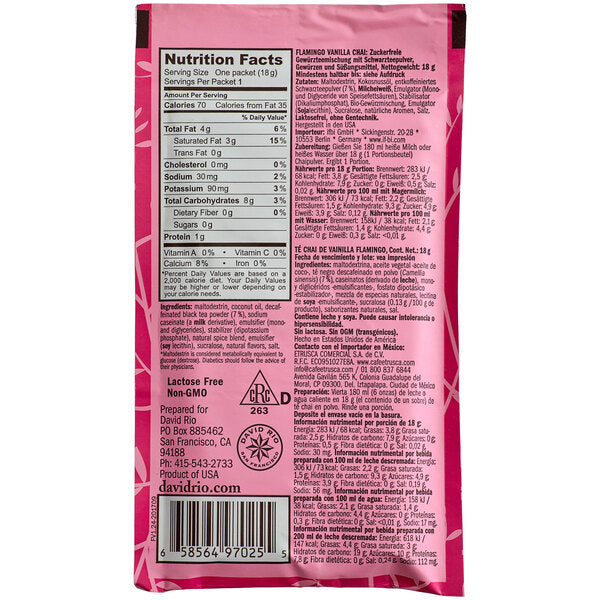 David Rio Flamingo Vanilla™ Decaf Sugar-Free Chai Tea Latte Single Serve Packets - 48/Case