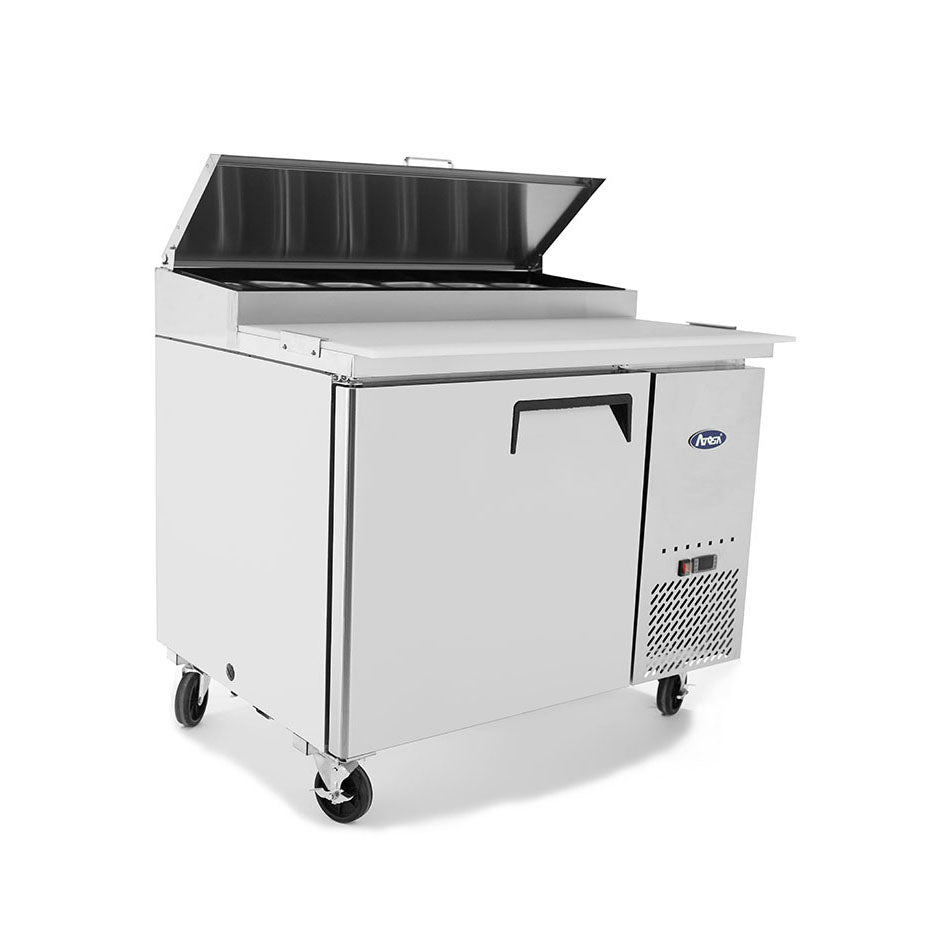 Atosa MPF8201GR Side Mount Refrigerated Pizza Prep Table 44"W X 33.1"D X 44"H with Self-Closing Solid Door