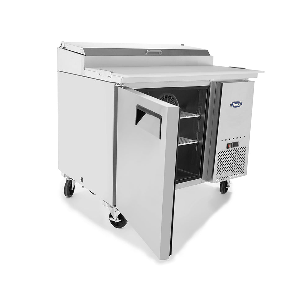 Atosa MPF8201GR Side Mount Refrigerated Pizza Prep Table 44"W X 33.1"D X 44"H with Self-Closing Solid Door