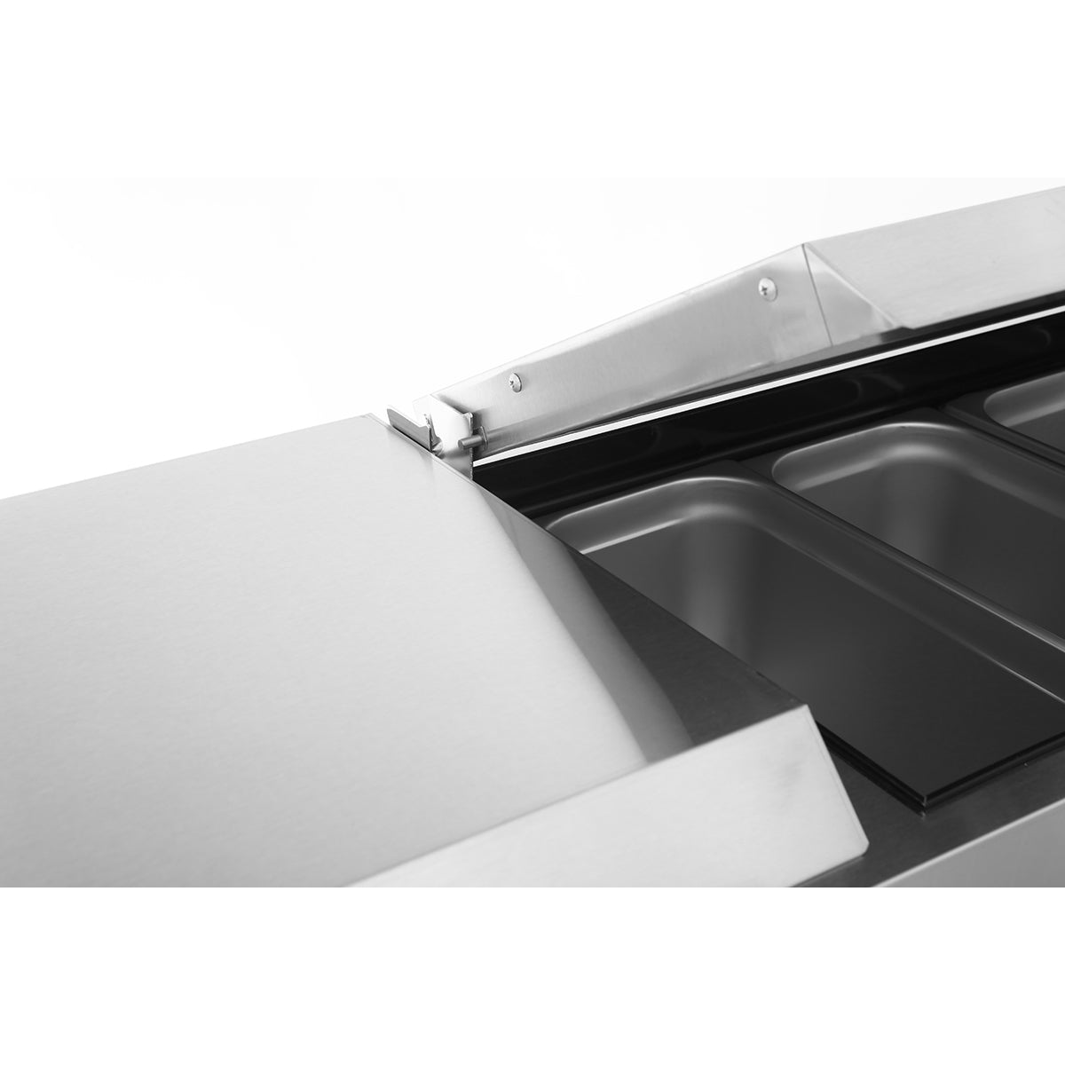 Atosa MPF8201GR Side Mount Refrigerated Pizza Prep Table 44"W X 33.1"D X 44"H with Self-Closing Solid Door