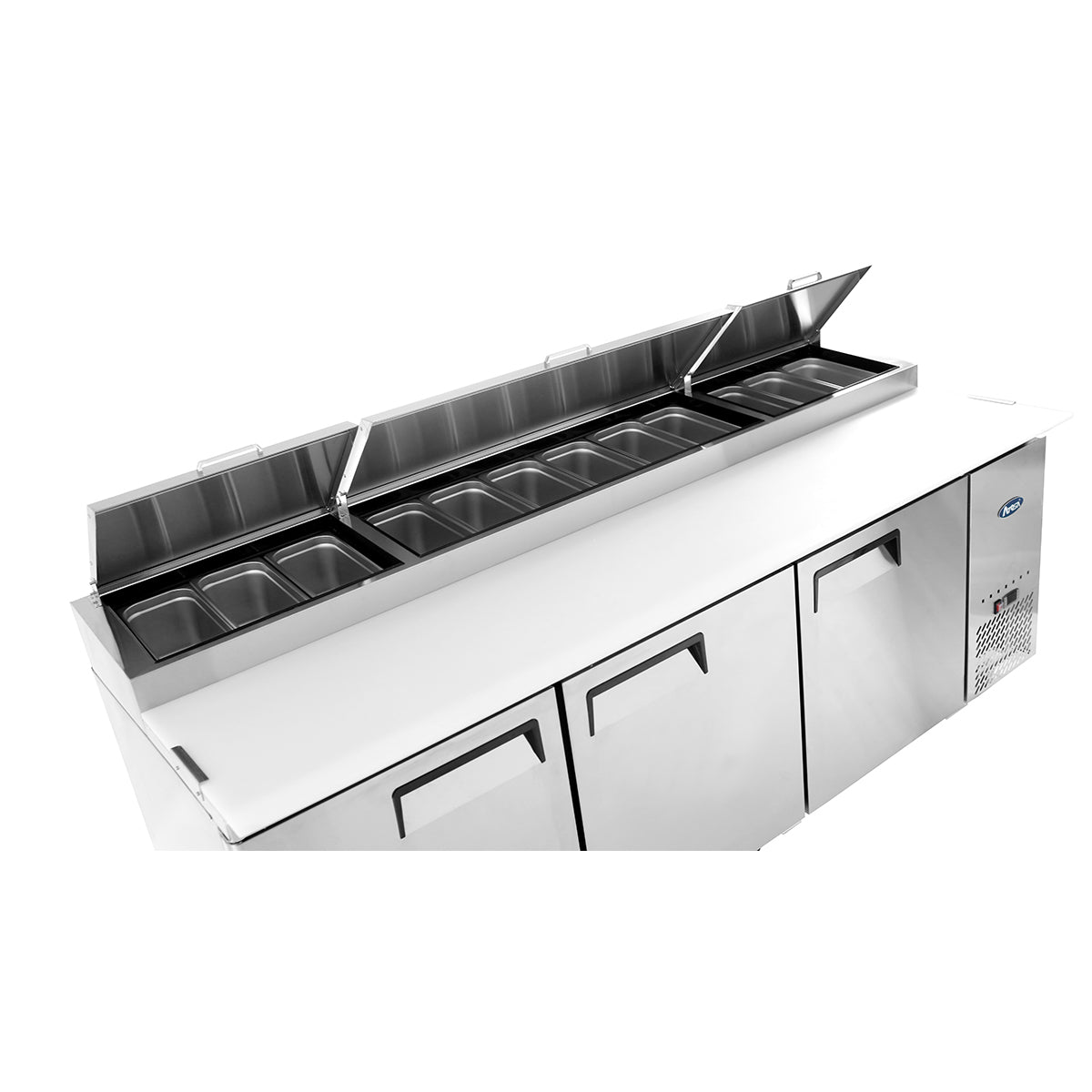Atosa MPF8203GR Three Section Side Mount Refrigerated Pizza Prep Table 93"W x 33.1"D x 44"H with 3 Self-Closing Solid Doors