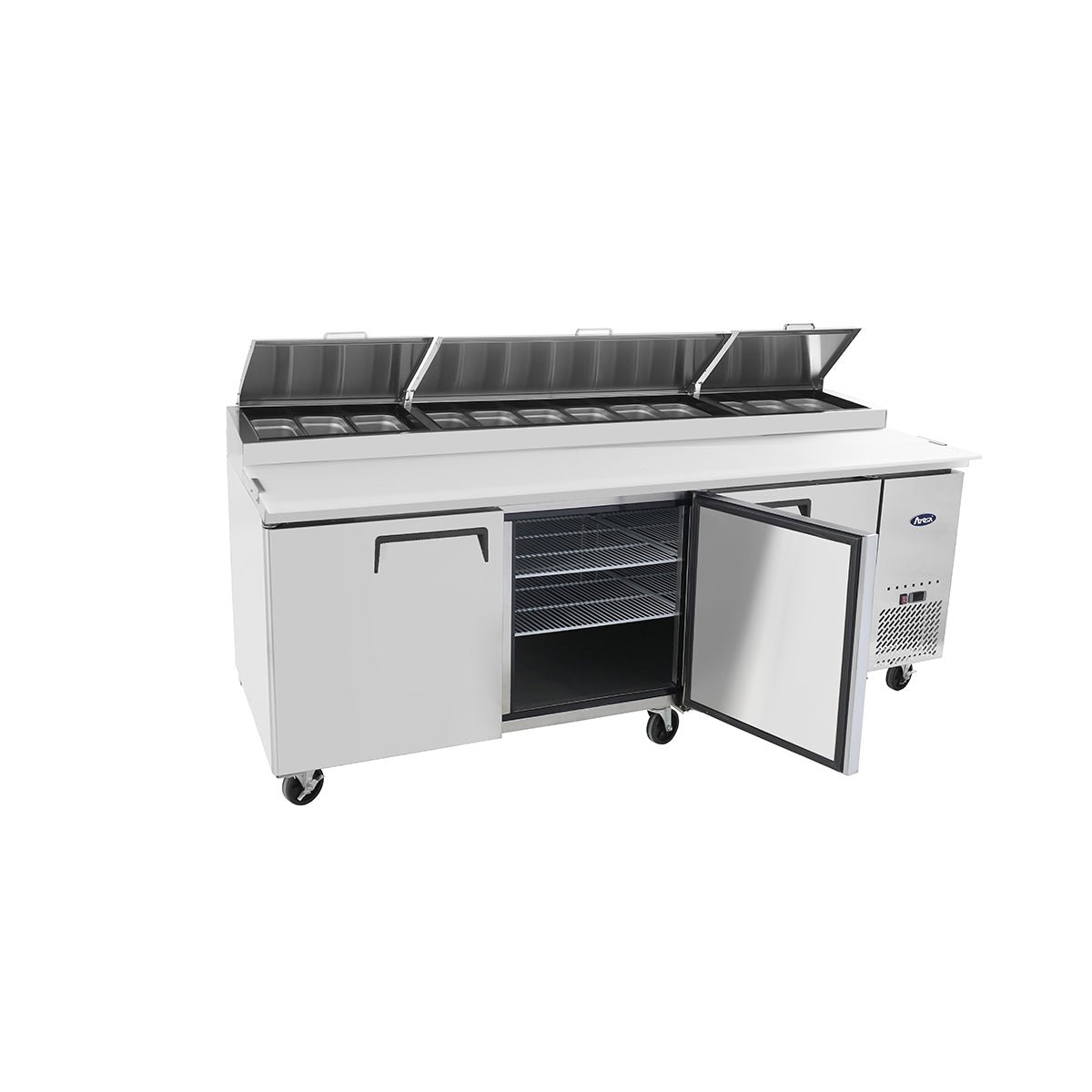 Atosa MPF8203GR Three Section Side Mount Refrigerated Pizza Prep Table 93"W x 33.1"D x 44"H with 3 Self-Closing Solid Doors