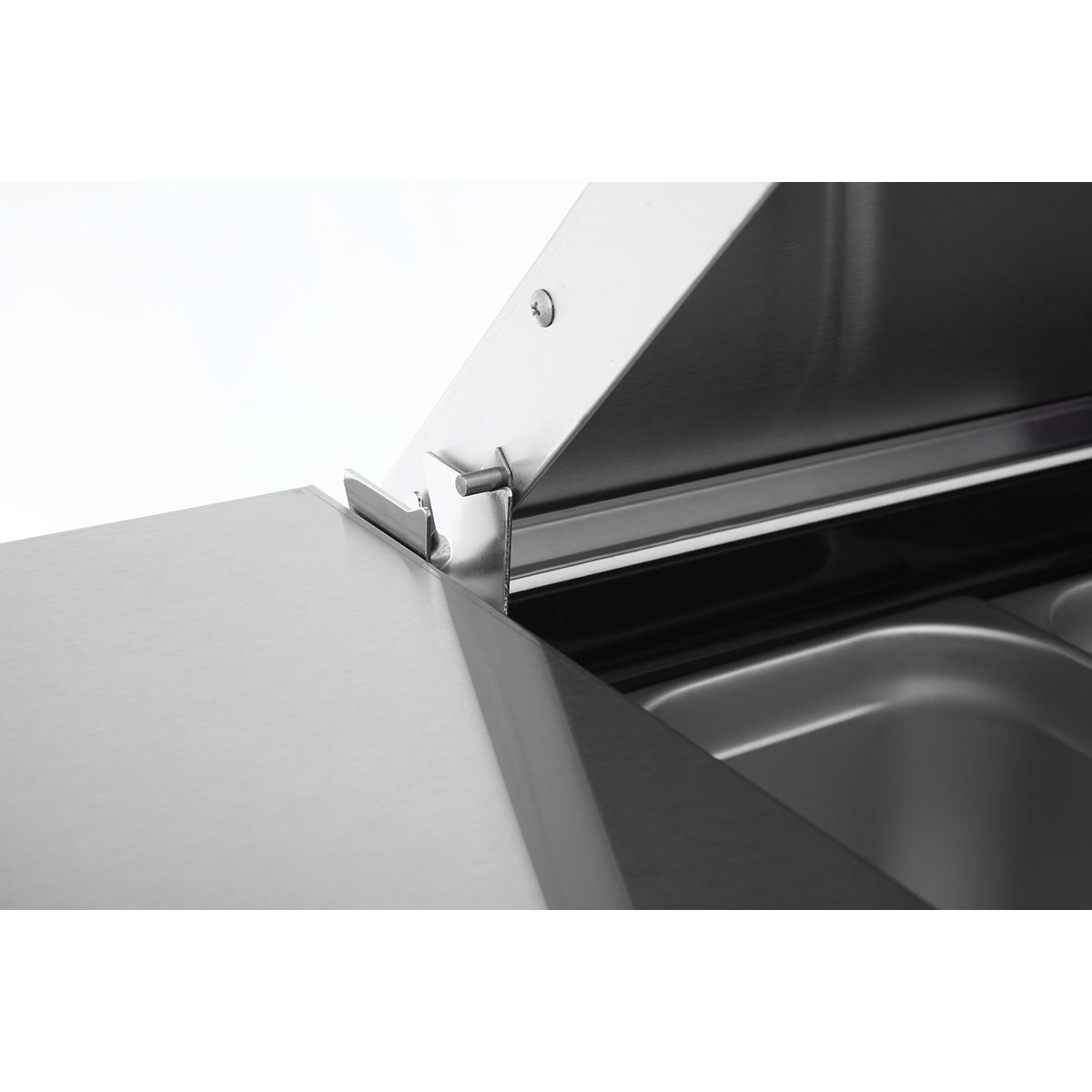 Atosa MPF8203GR Three Section Side Mount Refrigerated Pizza Prep Table 93"W x 33.1"D x 44"H with 3 Self-Closing Solid Doors