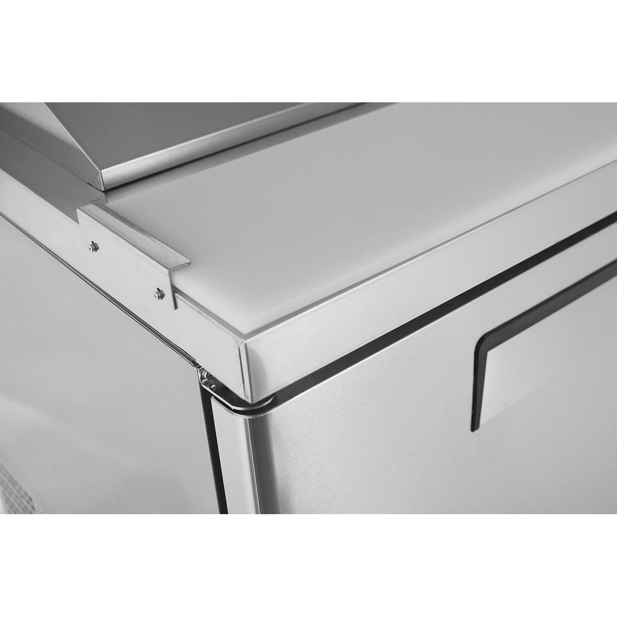 Atosa MPF8203GR Three Section Side Mount Refrigerated Pizza Prep Table 93"W x 33.1"D x 44"H with 3 Self-Closing Solid Doors