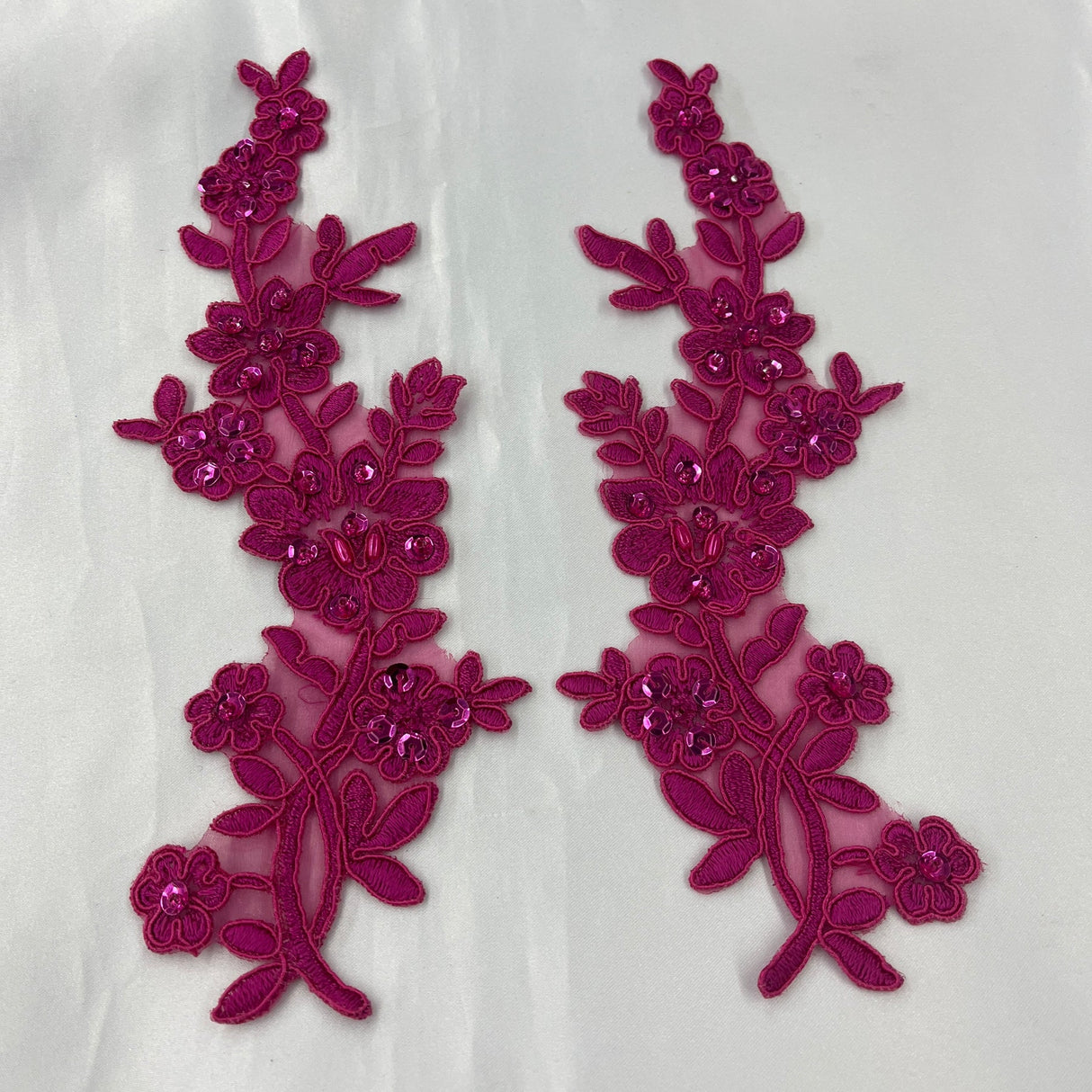 1 Pair Beaded & Corded Floral Lace Applique 10" x 2" Each Side
