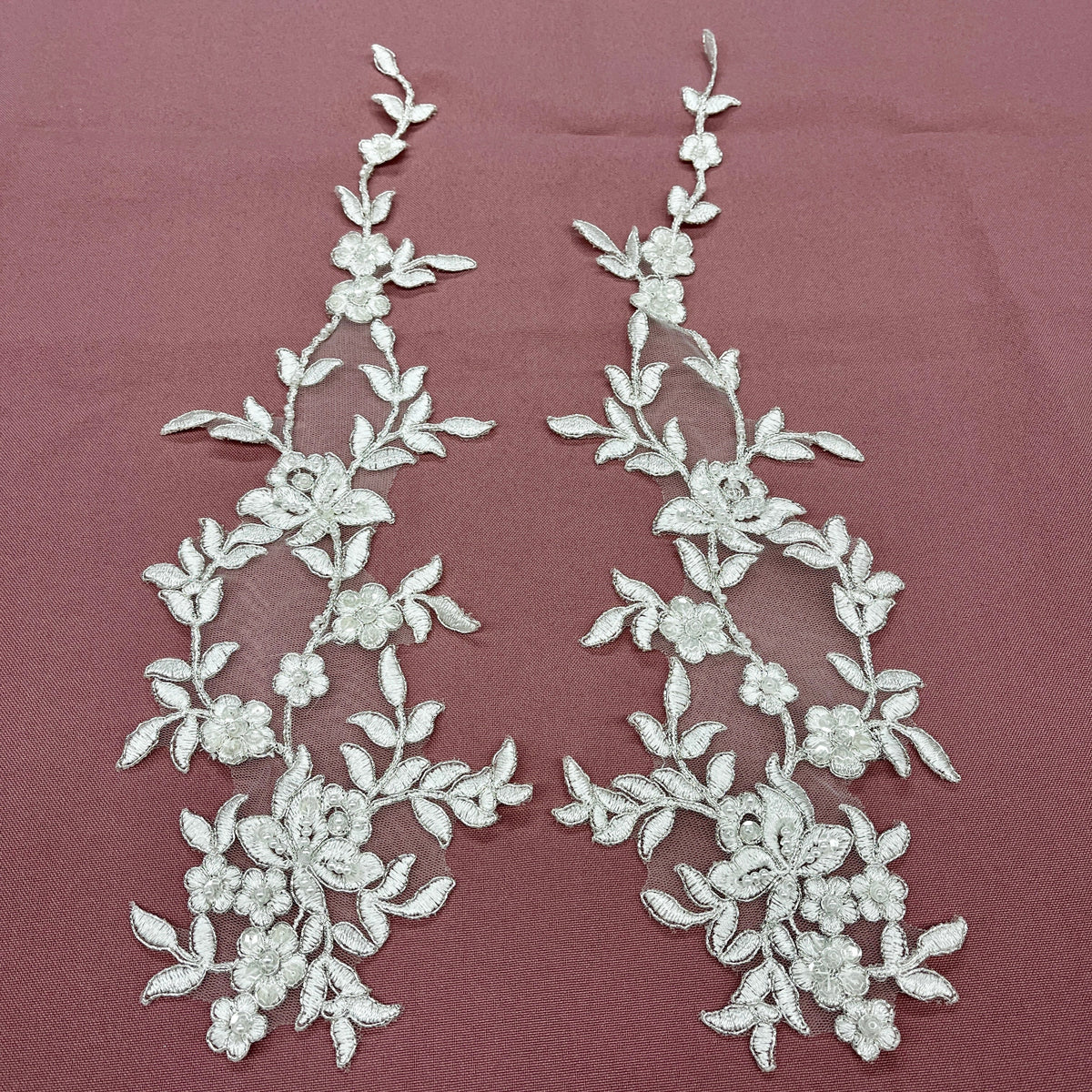 1 Yard Beaded and Corded Floral Lace Applique Net Mesh 17" x 4.5" Each Side