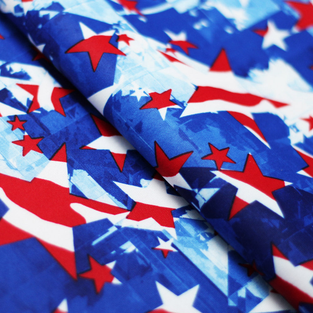 Star Spangled Polyester Spandex Fabric - American Flag Print, Red And White Stars On Blue, 58-60" Width, 240 GSM (1 Yard)