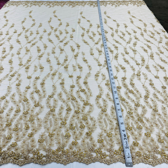 1 Yard Beaded Lace Fabric Embroidered on Polyester Net Mesh 50 inch Width