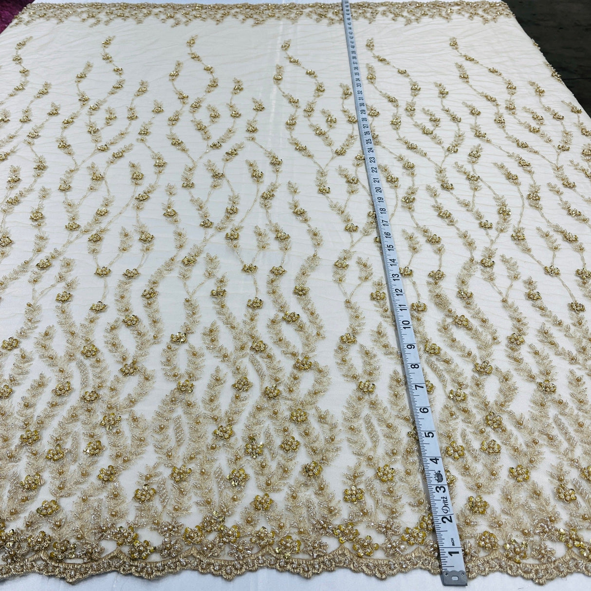 Beaded Lace Fabric on Polyester Net Mesh 50"