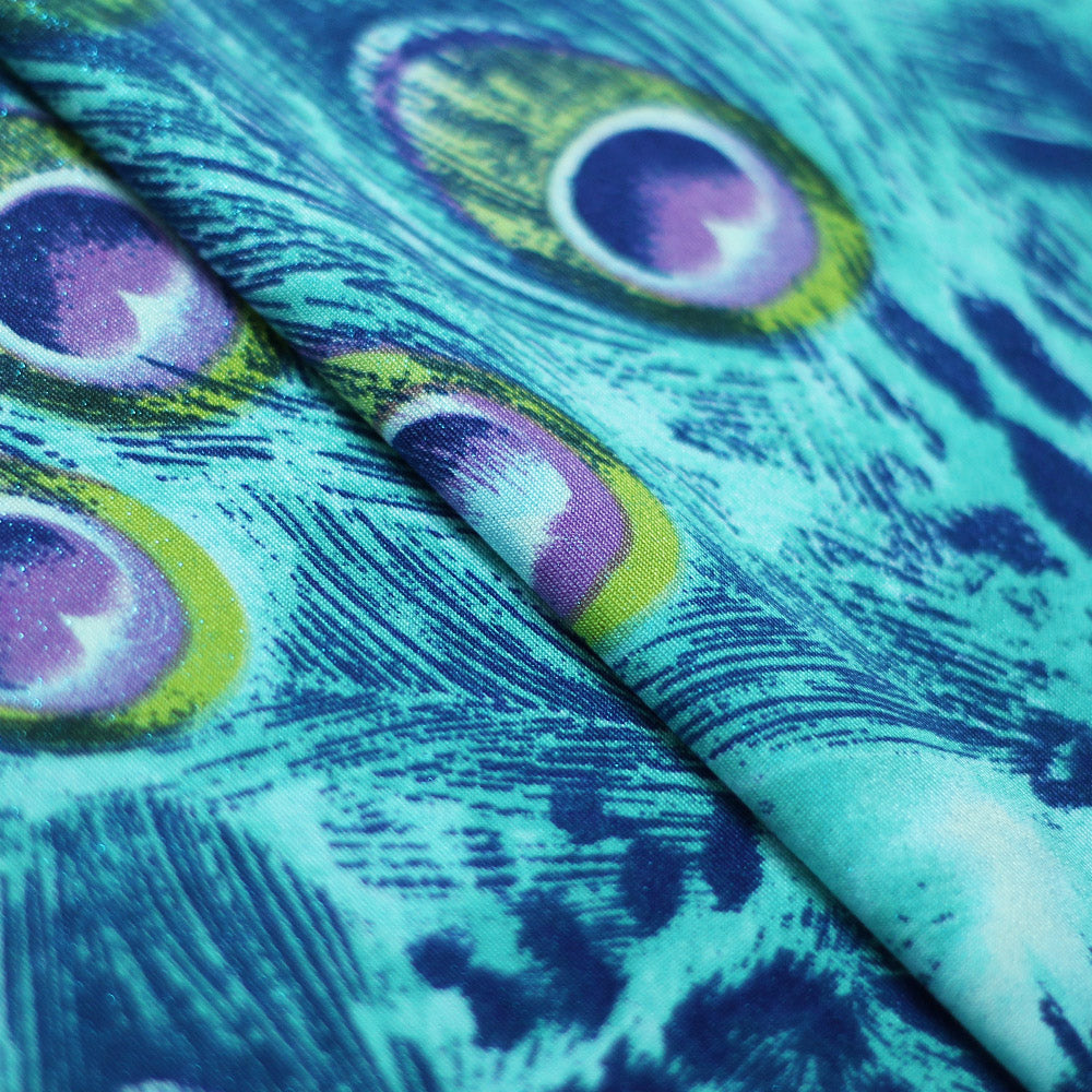 Peacock Foil Polyester Spandex Fabric - Peacock Feather Print, Pink/Turquoise, 58/60" Width (1 Yard)