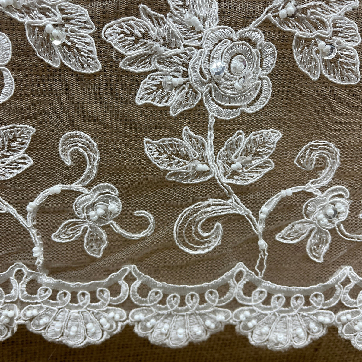 1 Yard 52" Wide Beaded & Corded Bridal Lace Fabric Embroidered on 100% Polyester Net Mesh