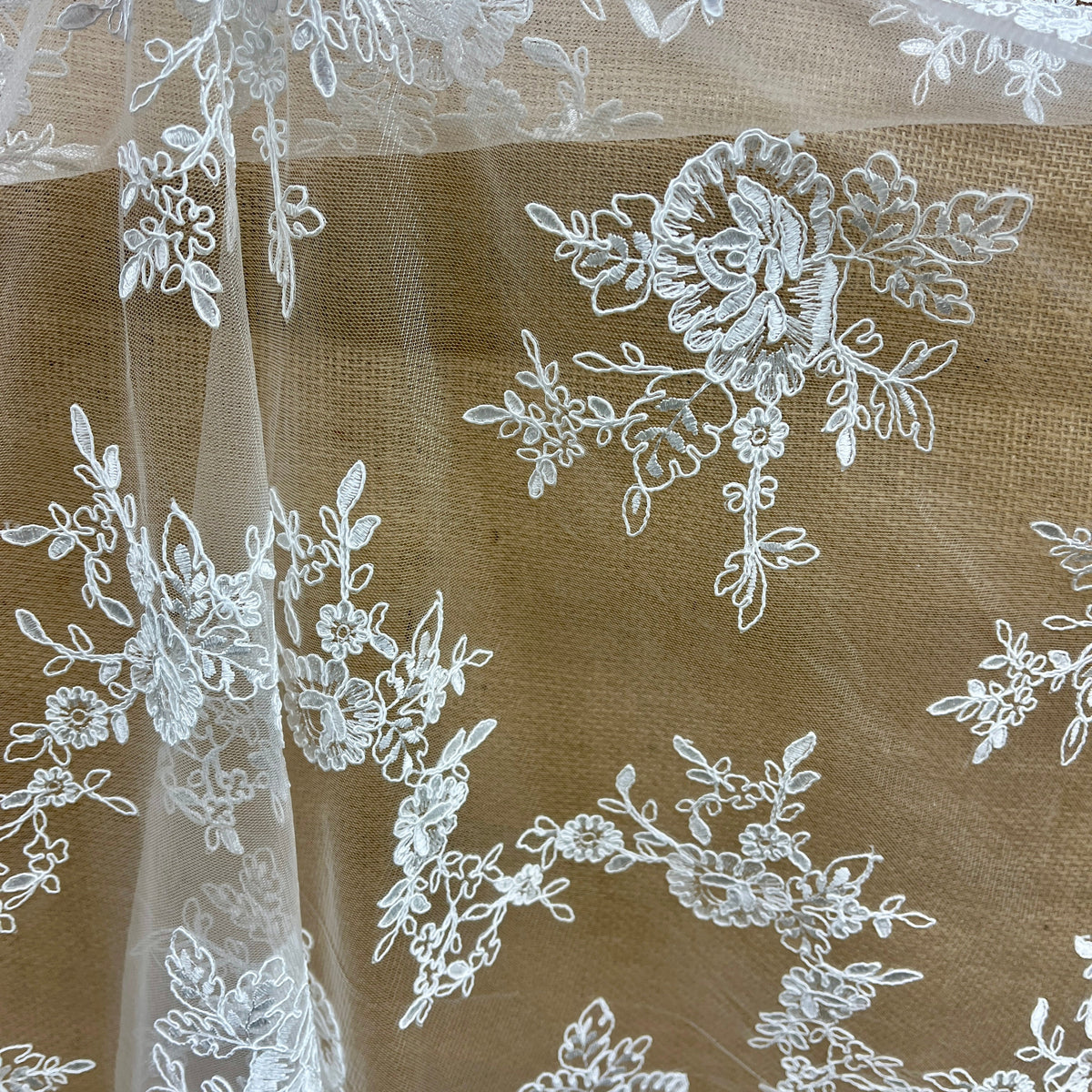 1 Yard Corded Bridal Lace Fabric Embroidered on 100% Polyester Net Mesh, 52" Wide