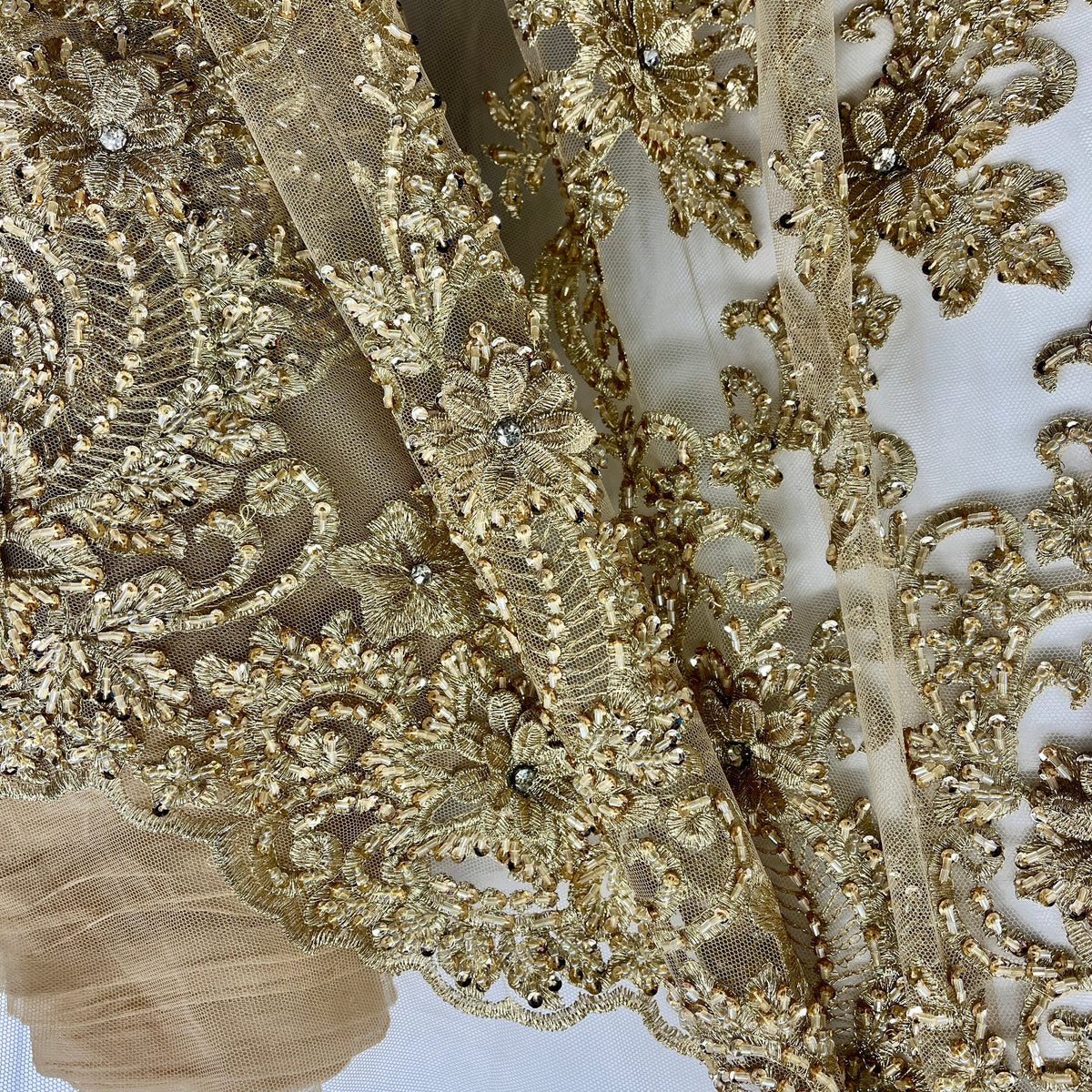 1 Yard Beaded 3D Floral Lace Fabric Embroidered on Polyester Net Mesh, Premium Embroidery Lace Fabric