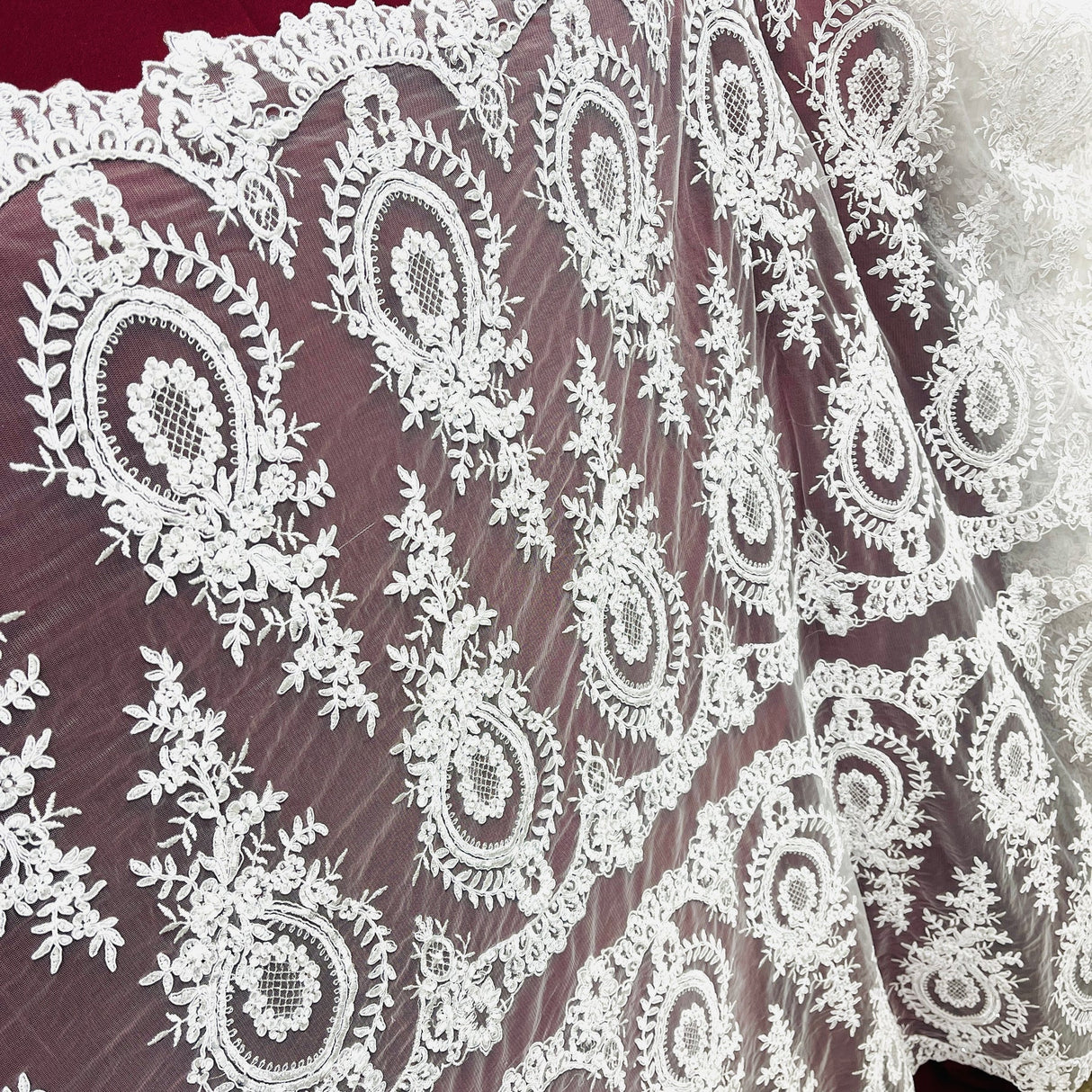 1 Yard White Beaded & Corded Embroidered Lace Fabric, Polyester Mesh, 48" Wide, Elegant Fabrication for Gowns & Décor