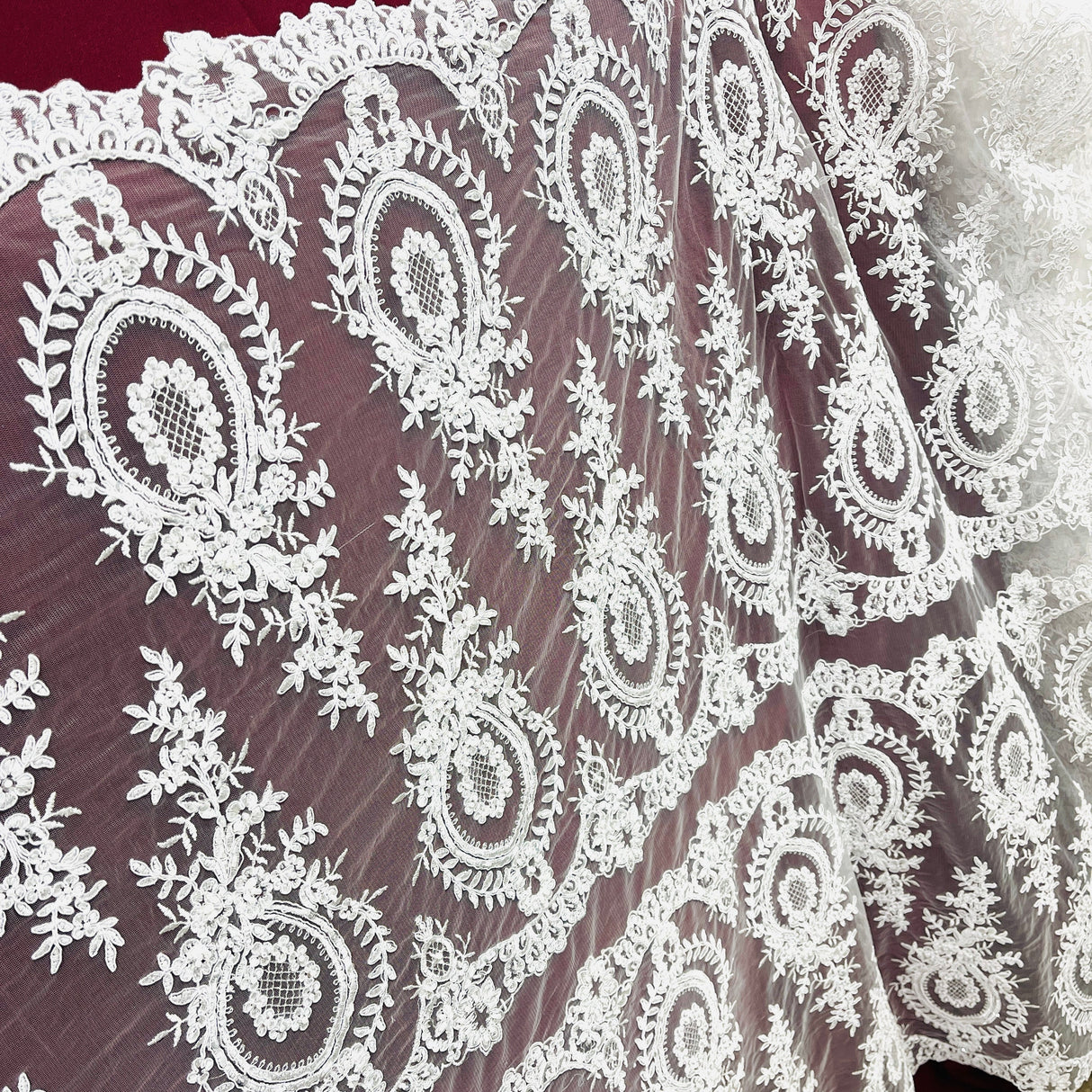 Beaded Corded Lace Mesh White