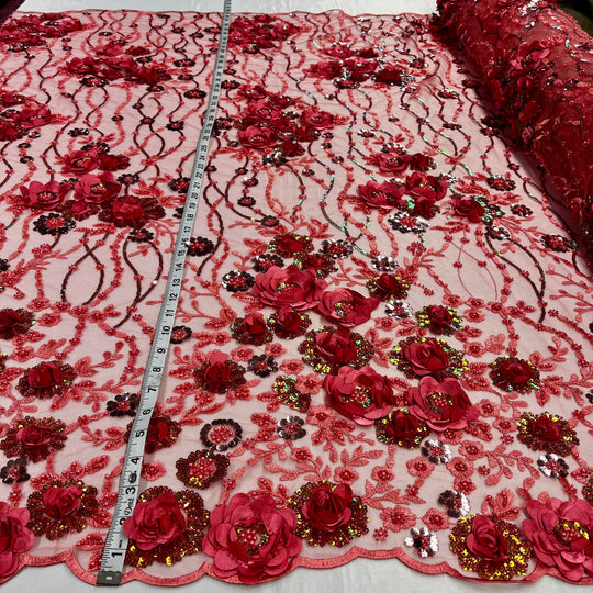 1 Yard Beaded Rhinestone 3D Floral Lace Fabric Embroidered 100 Percent Polyester Net Mesh 52 inch Width