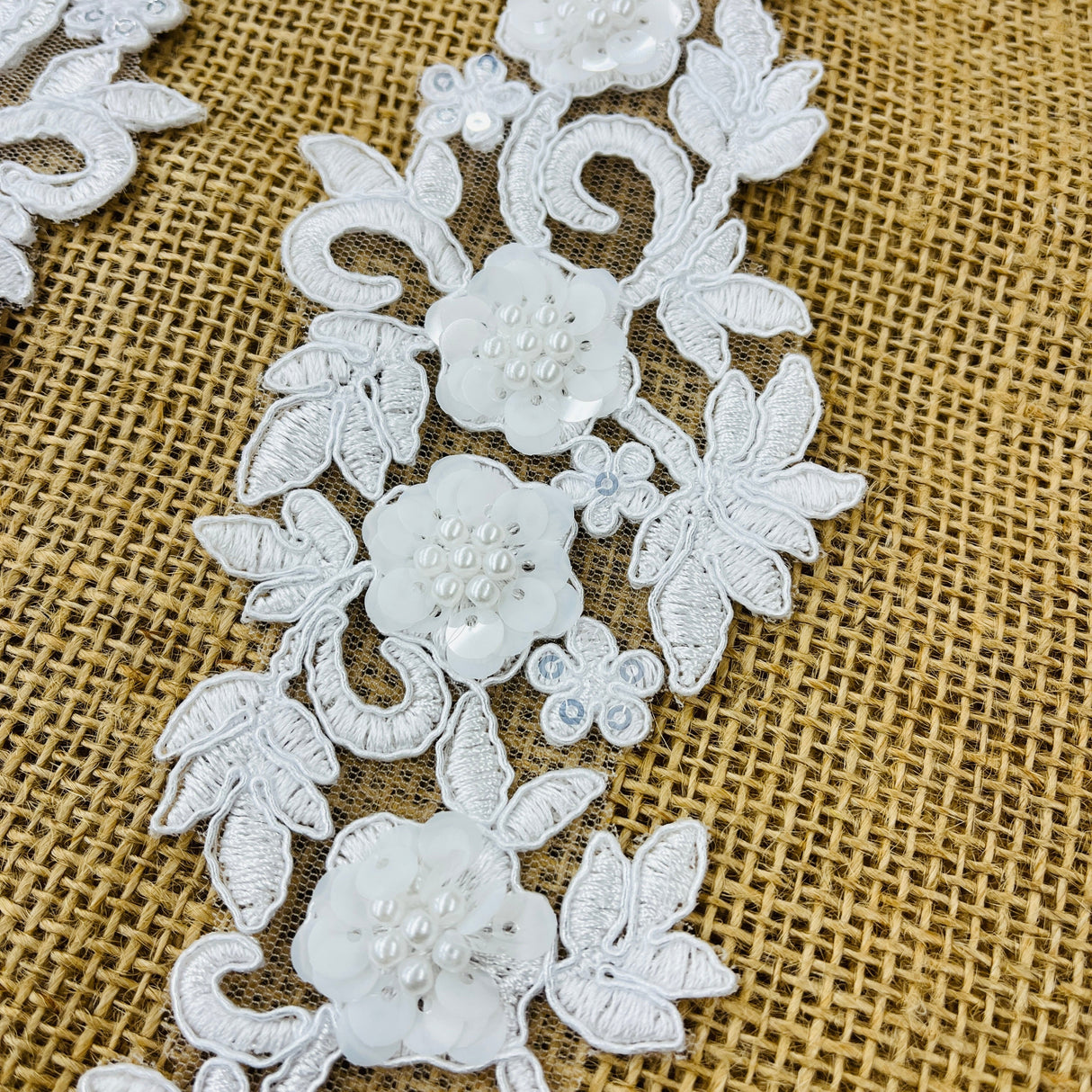 Beaded Corded Floral 3D Lace Applique Polyester Fabric - Floral Embroidered Net Mesh, 11" X 3" Wide Each Side (1 Pair)