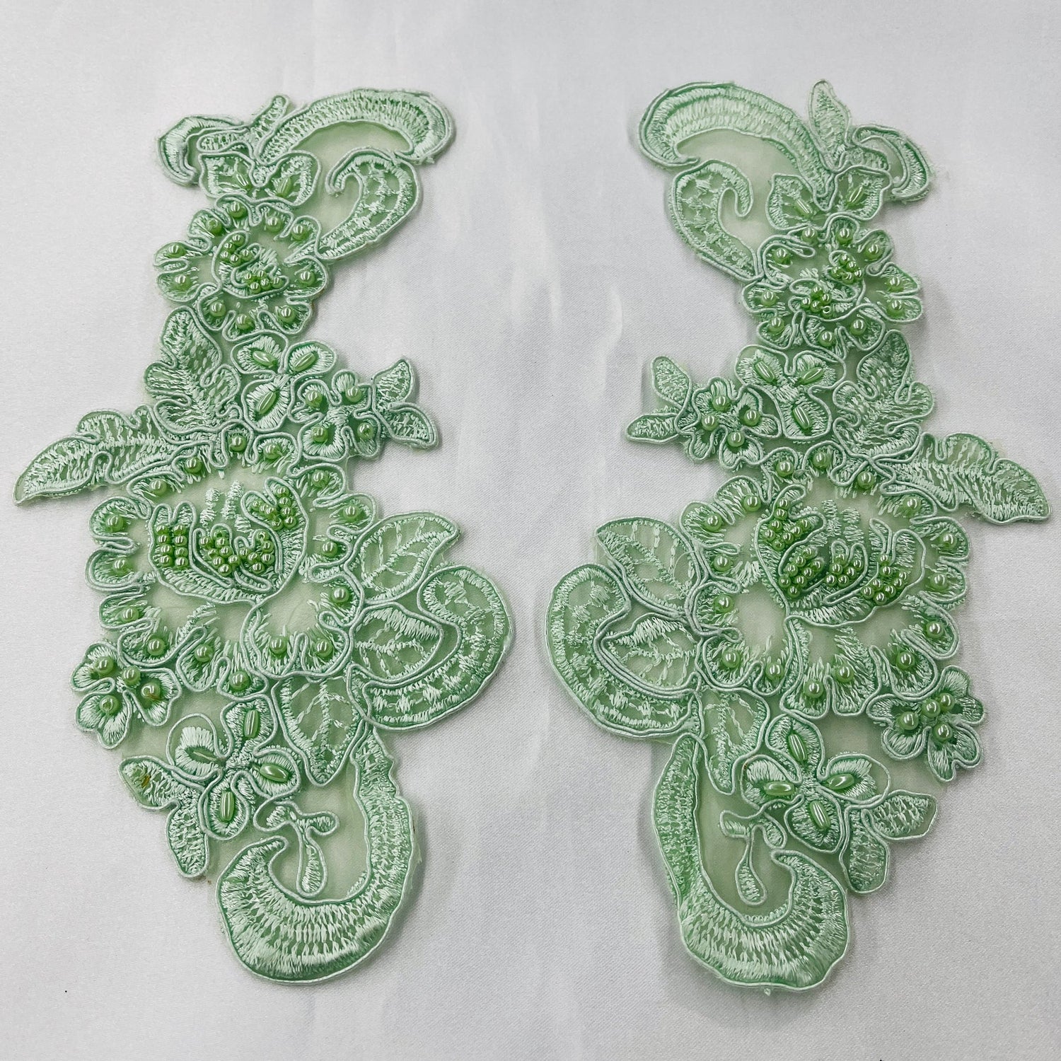 1 Pair 8.5" x 3.5" Each Side Beaded & Corded Floral Lace Applique 100% Polyester Organza