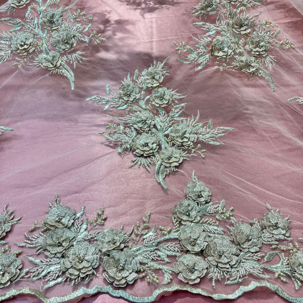 1 Yard Beaded 3D Floral Lace Fabric Embroidered on 100% Polyester Net Mesh 54" Wide