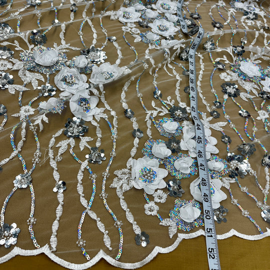 1 Yard Beaded Rhinestone 3D Floral Lace Fabric Embroidered 100 Percent Polyester Net Mesh 52 inch Width