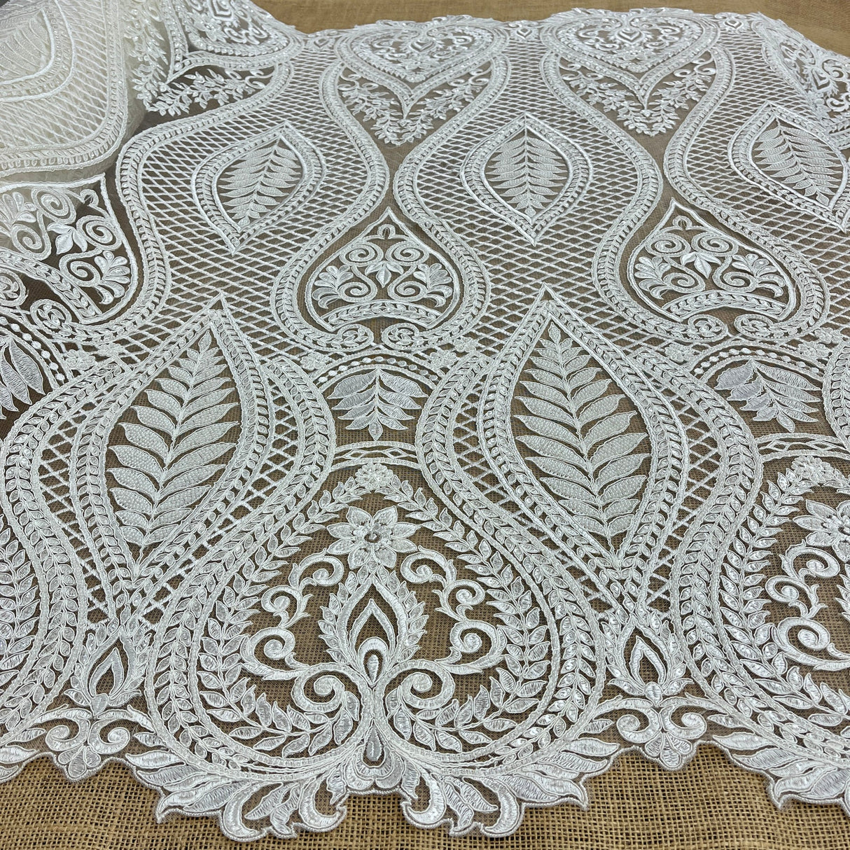 1 Yard Luxurious Beaded & Corded Bridal Lace Fabric Embroidered on Polyester Net Mesh 52” Wide