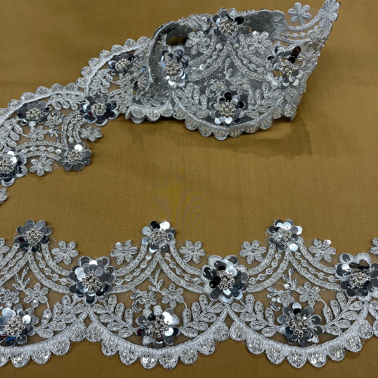 Beaded Corded Floral Lace Trim 4.5"