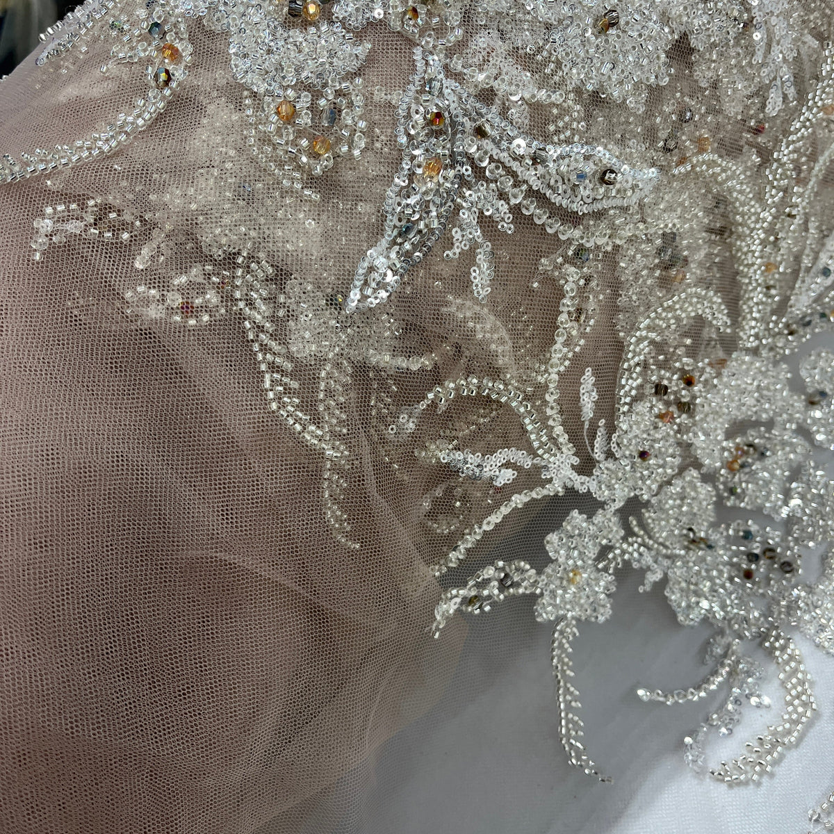 1 Yard Beaded Lace Fabric on 100% Polyester Net Mesh, Elegant Embroidered Textile