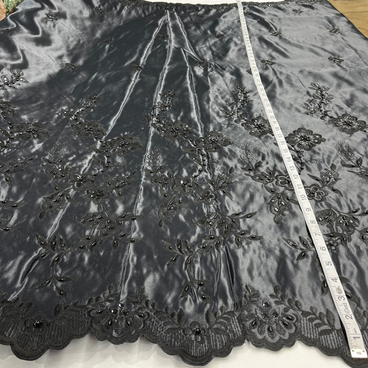 1 Yard Beaded Bridal Lace Fabric Embroidered on 100% Polyester Satin Black 54"