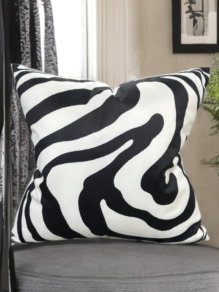 VIVA021 Polyester Velvet Fabric - White Abstract With Black Swirled Zebra Design, 20" X 20" (1 Pillow)