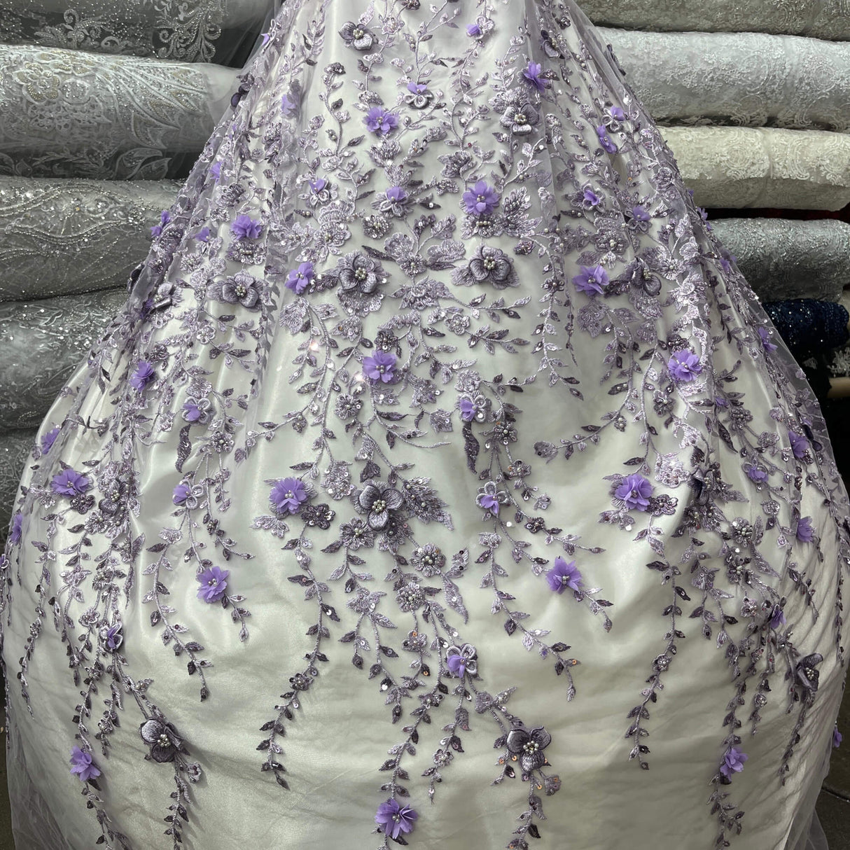 Beaded 3D Floral Lace Fabric Off White