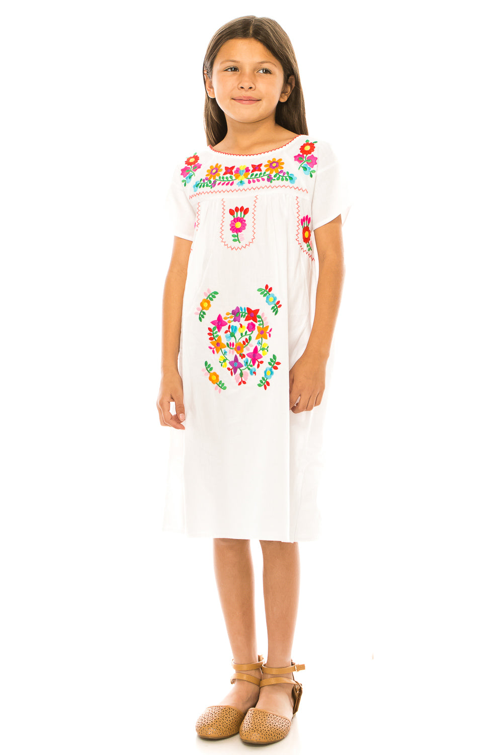 Traditional Mexican Girl Embroidered Dress - 100 Percent Cotton Fabric, Vibrant Embroidery, Knee Length, Multiple Colors, Sizes 2-8