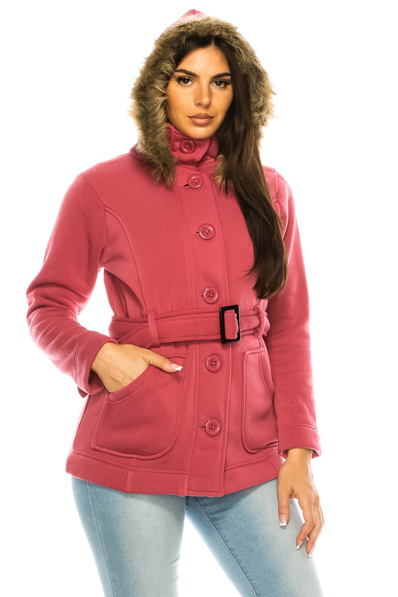 Unik Women Fleece Coat - Fur Hood, Detachable Belt (1 Piece)