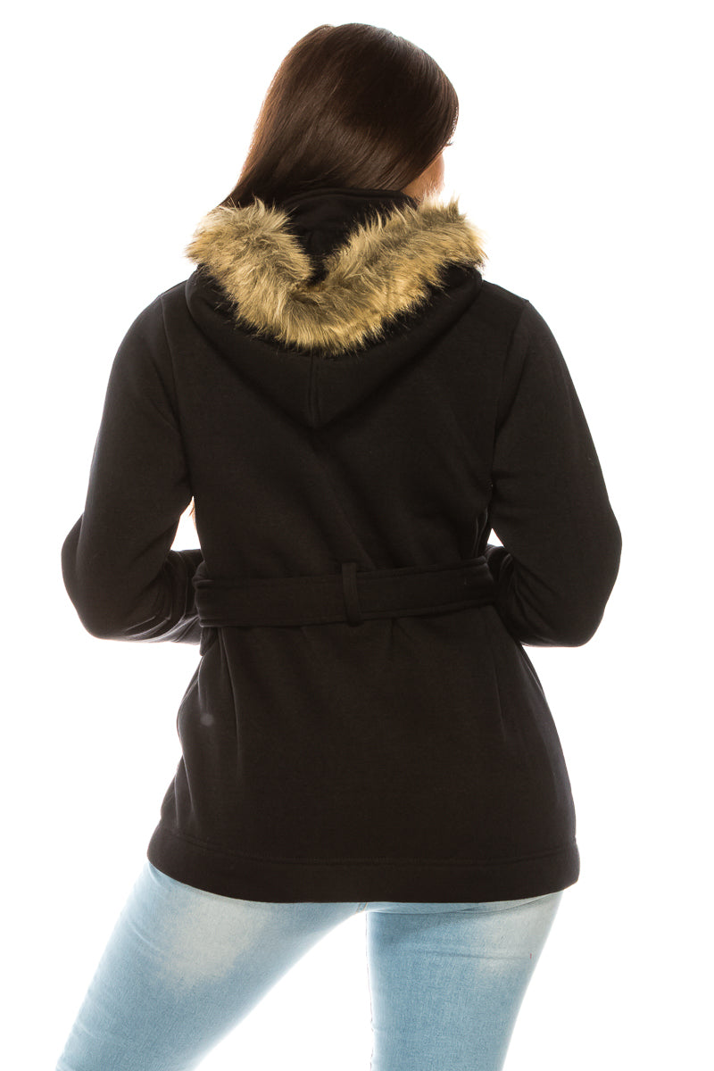 Unik Women Fleece Coat - Fur Hood, Detachable Belt (1 Piece)