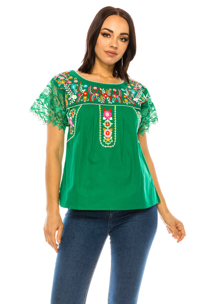 Traditional Mexican Women Blouse Cotton Fabric - Floral Embroidery, Short Laced Sleeves, Multiple Colors (S-M-L-XL-2XL-3XL)