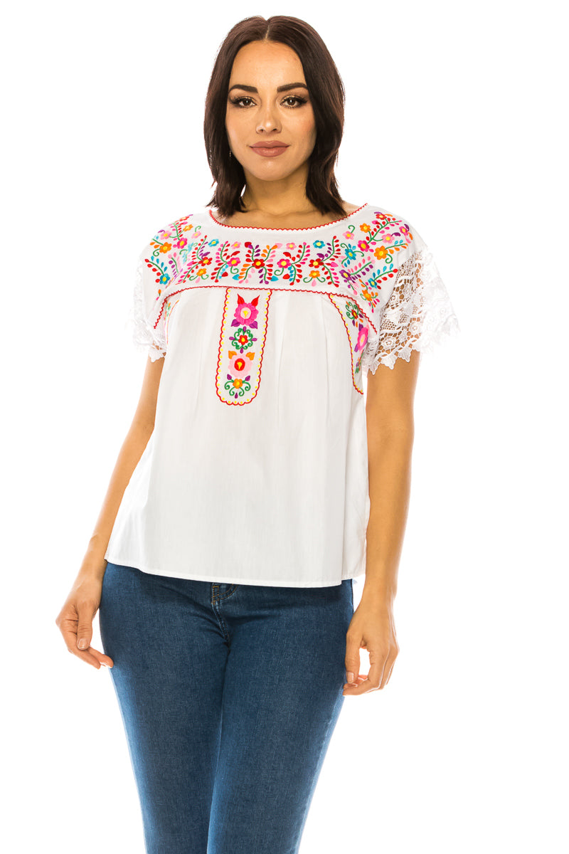 Traditional Mexican Women Blouse Cotton Fabric - Floral Embroidery, Short Laced Sleeves, Multiple Colors (S-M-L-XL-2XL-3XL)