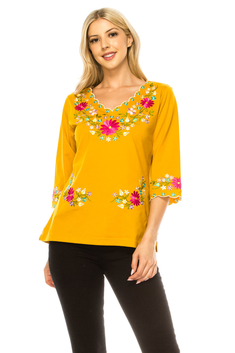 Traditional Mexican Women Blouse 100 Percent Cotton Fabric - Floral Embroidery, Short Laced Sleeves, Multiple Colors, S-M-L-XL-2XL-3XL (1 Piece)