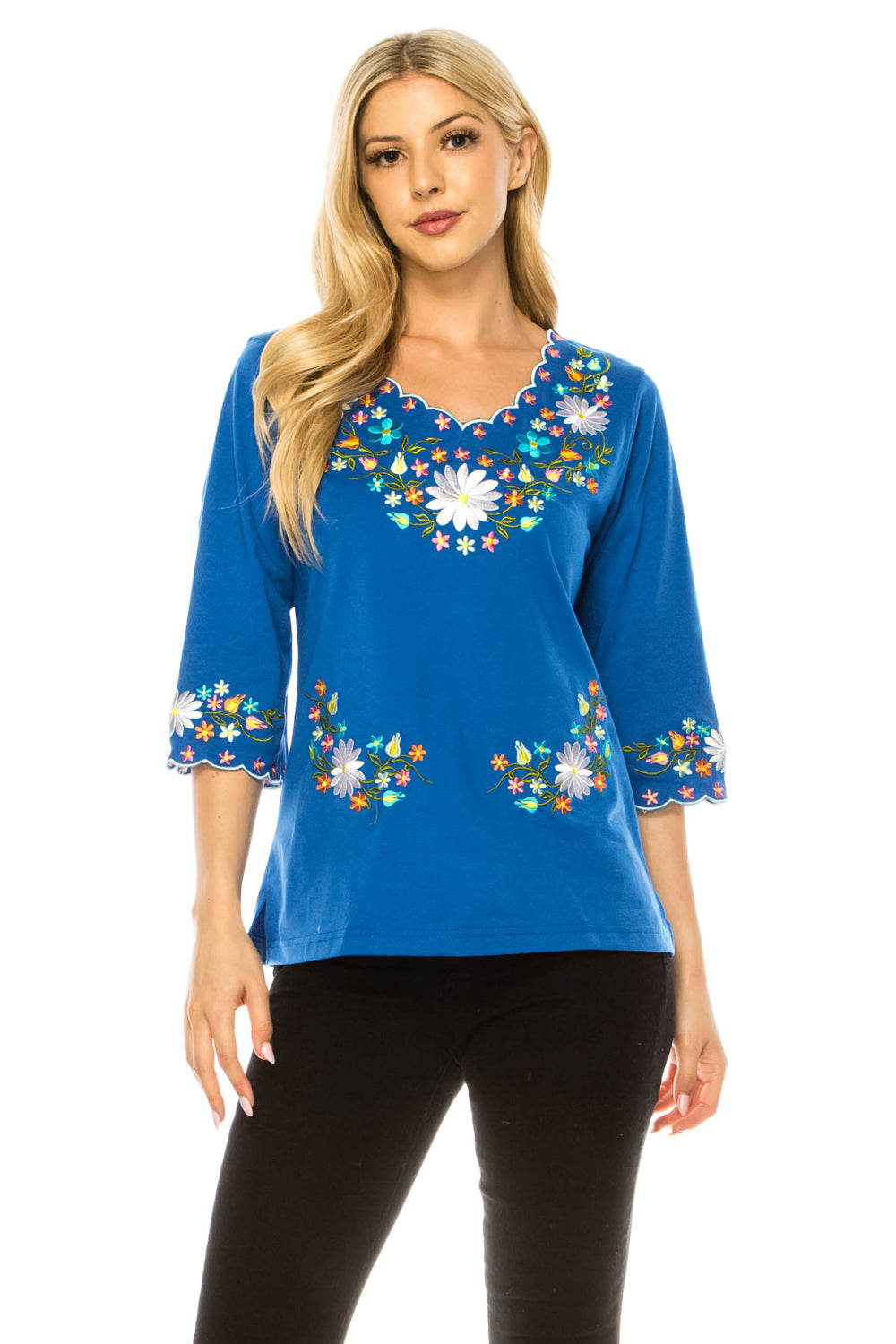 Traditional Mexican Women Blouse 100 Percent Cotton Fabric - Floral Embroidery, Short Laced Sleeves, Multiple Colors, S-M-L-XL-2XL-3XL (1 Piece)