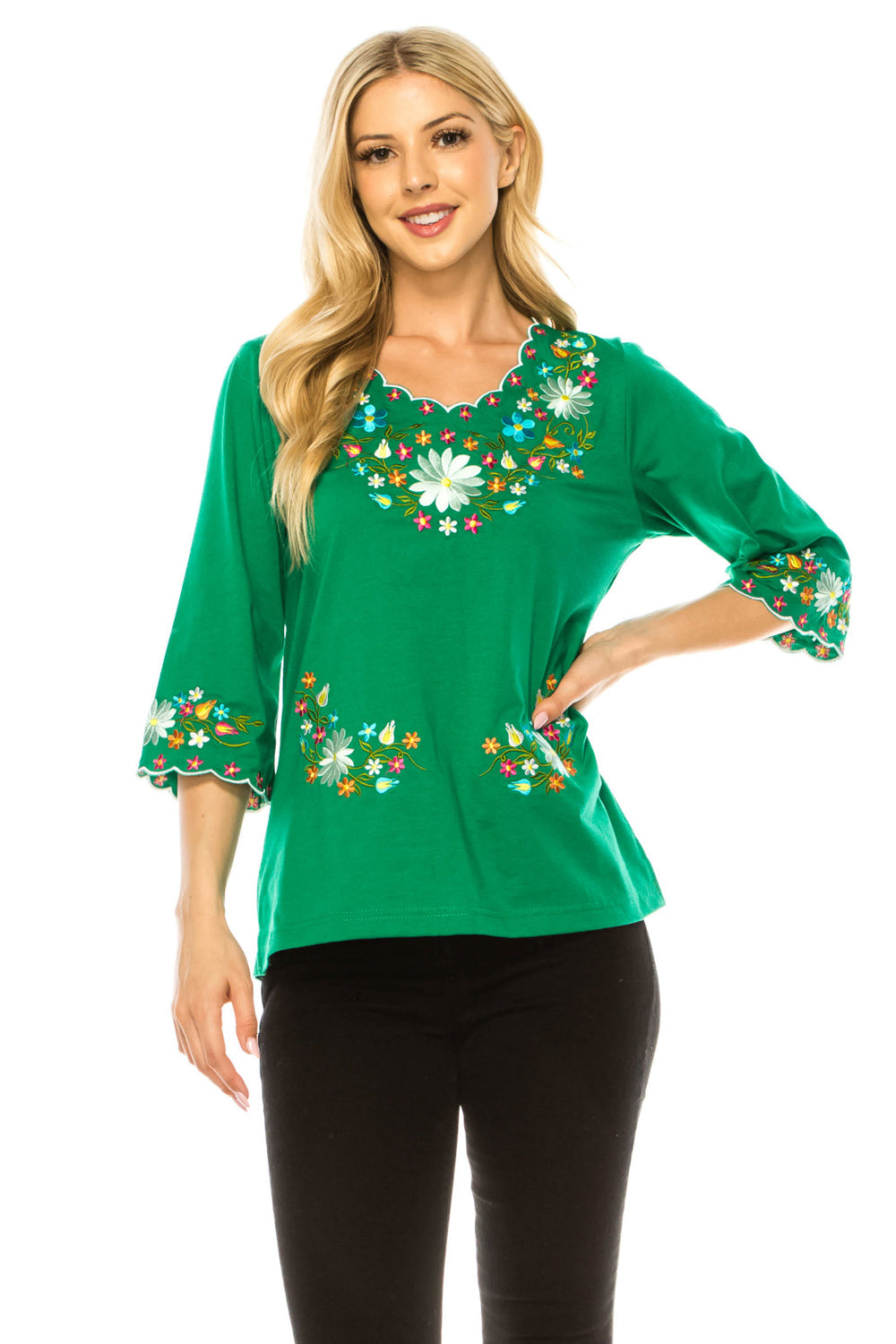 Traditional Mexican Women Blouse 100 Percent Cotton Fabric - Floral Embroidery, Short Laced Sleeves, Multiple Colors, S-M-L-XL-2XL-3XL (1 Piece)