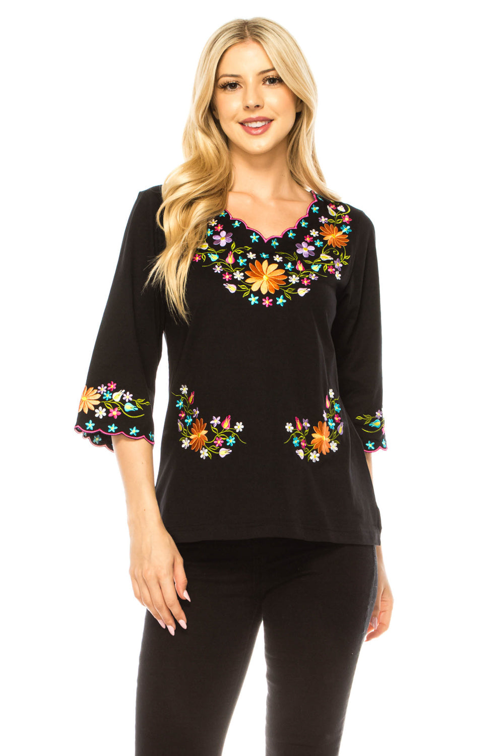 Traditional Mexican Women Blouse 100 Percent Cotton Fabric - Floral Embroidery, Short Laced Sleeves, Multiple Colors, S-M-L-XL-2XL-3XL (1 Piece)
